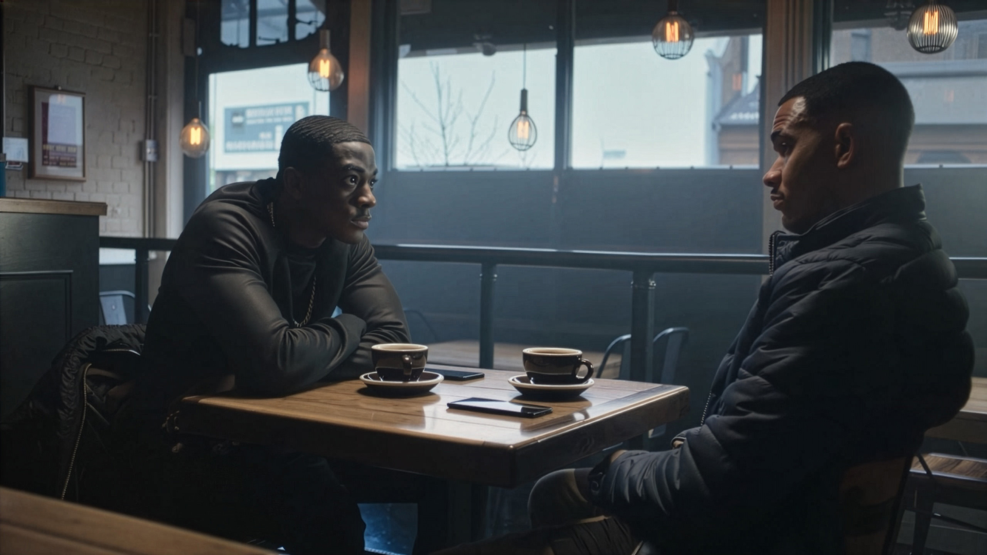 AI-generated image of two black men sitting in a cafe