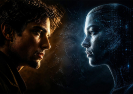 Human man and AI woman in close up
