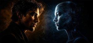 Human man and AI woman in close up