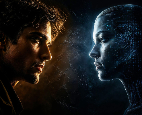 Human man and AI woman in close up