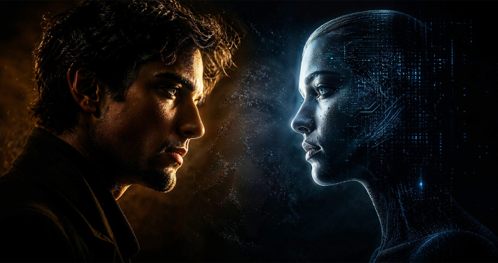 Human man and AI woman in close up