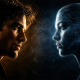 Human man and AI woman in close up