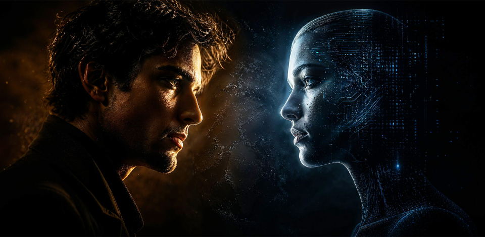 Human man and AI woman in close up